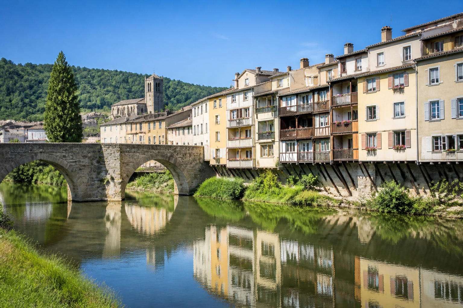 Vue sur le Pont-Neuf enjambant l'Aude avec les maisons colorées de Limoux en arrière-plan.
