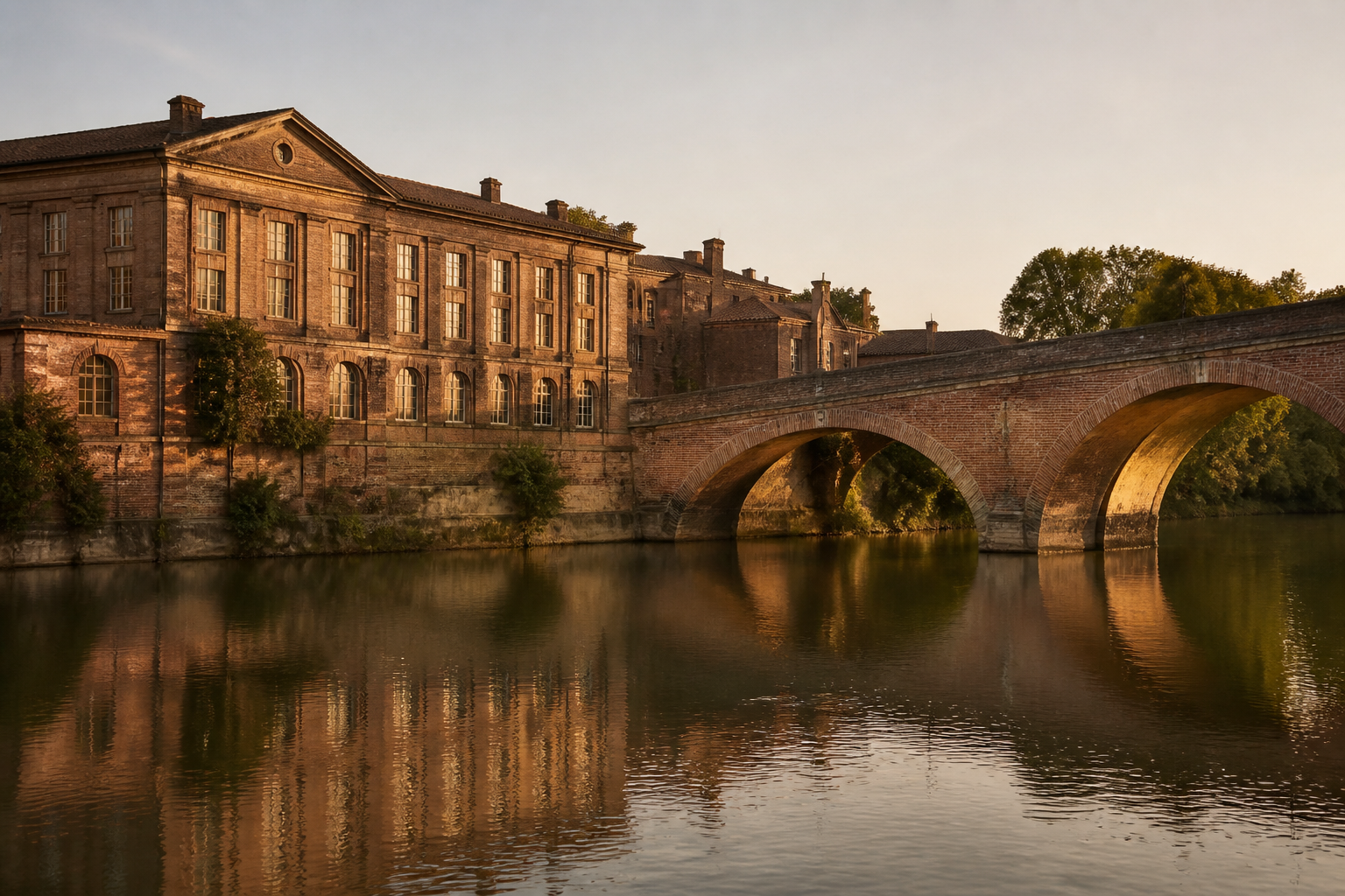 Le Pont Vieux et les façades de briques roses surplombant le Tarn à Montauban.