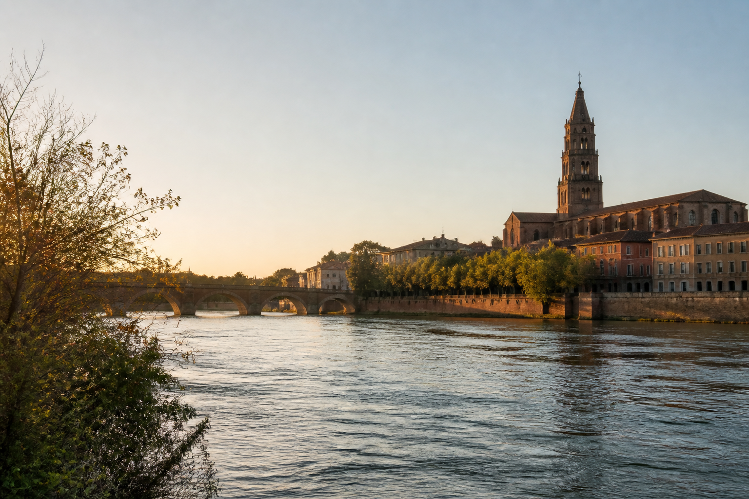 Vue sur les berges de la Garonne et l'église Saint-Jacques à Muret.