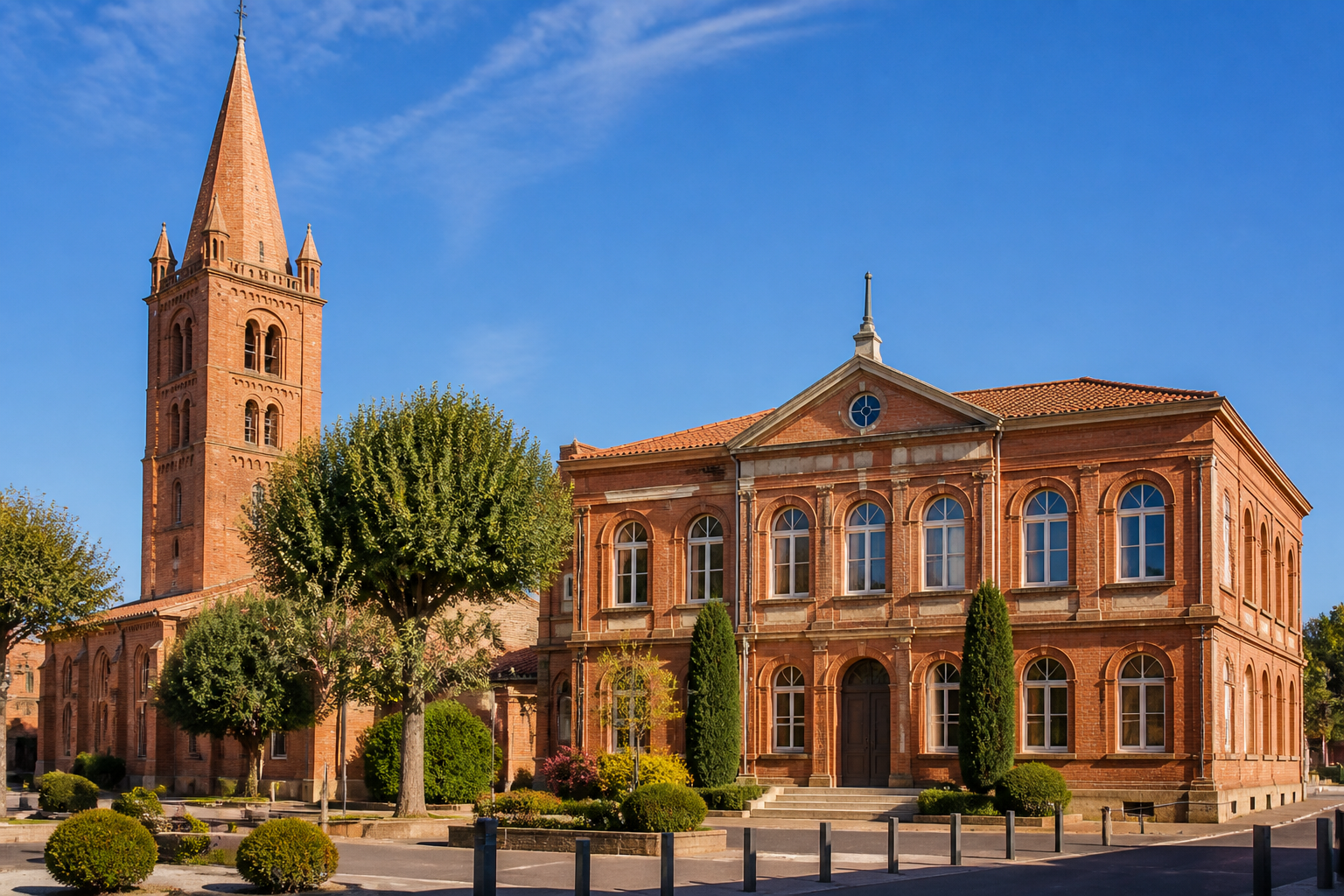 Vue sur le clocher de l'église Saint-Pierre et l'hôtel de ville de Tournefeuille.